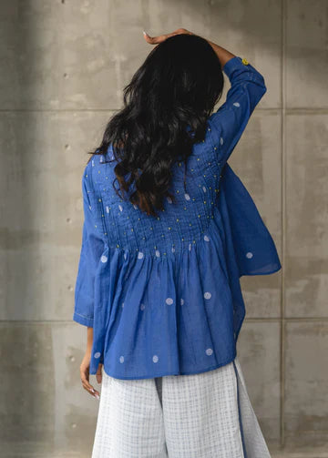 Blue Gathered Pin Tuck Top at Kamakhyaa by Araayeh. This item is Artisan Made, Blue, Casual Wear, Handwoven Cotton Jamdani, Polka Dots, Relaxed Fit, Tunic Tops