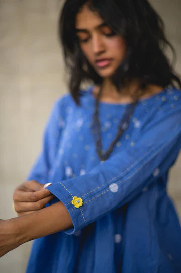 Blue Gathered Pin Tuck Top at Kamakhyaa by Araayeh. This item is Artisan Made, Blue, Casual Wear, Handwoven Cotton Jamdani, Polka Dots, Relaxed Fit, Tunic Tops