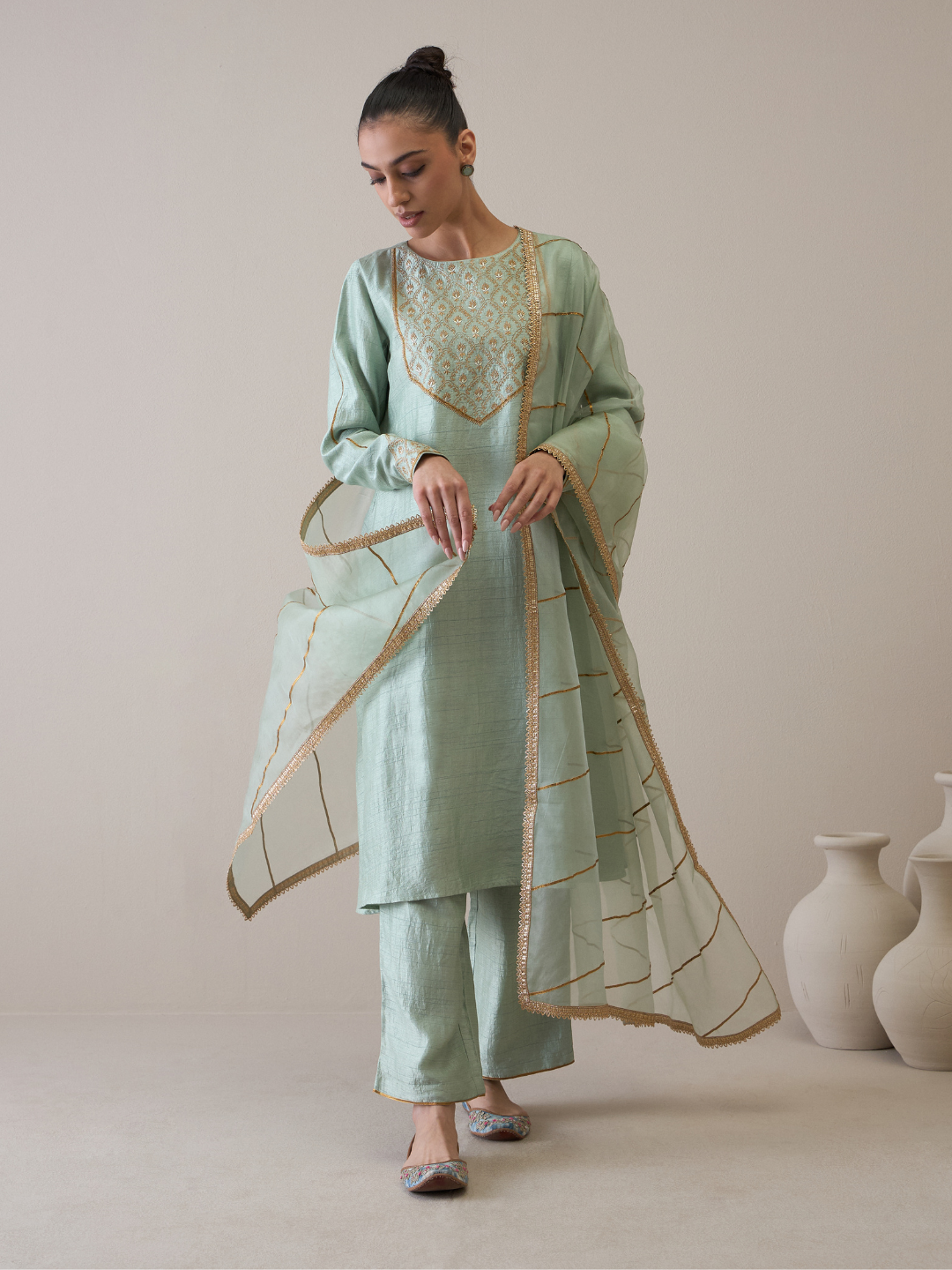 Blue Gota Embroidered A-line Kurta Set with dupatta at Kamakhyaa by RoohbyRidhimaa. This item is Avani by RoohbyRidhimaa, Blue, Festive Wear, Gotta Embroidery, Kurta Set with Dupattas, Regular Fit, Silk Organza, Toxin free, Viscose Raw Silk, Zari Embroidered