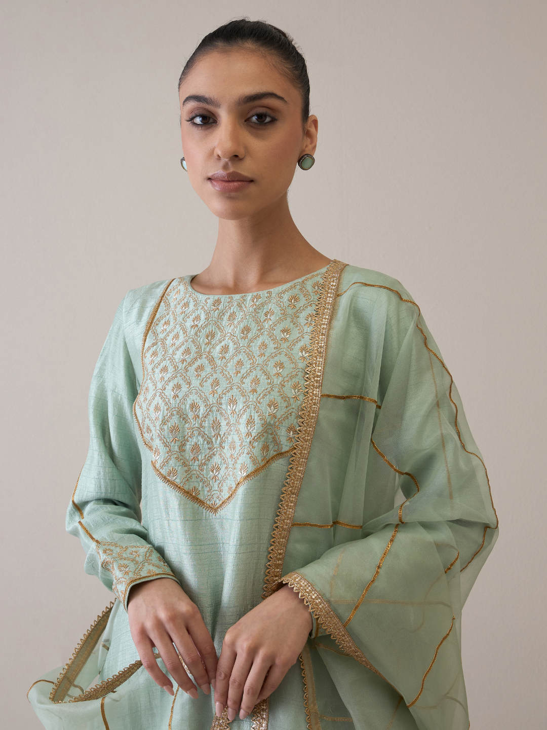 Blue Gota Embroidered A-line Kurta Set with dupatta at Kamakhyaa by RoohbyRidhimaa. This item is Avani by RoohbyRidhimaa, Blue, Festive Wear, Gotta Embroidery, Kurta Set with Dupattas, Regular Fit, Silk Organza, Toxin free, Viscose Raw Silk, Zari Embroidered