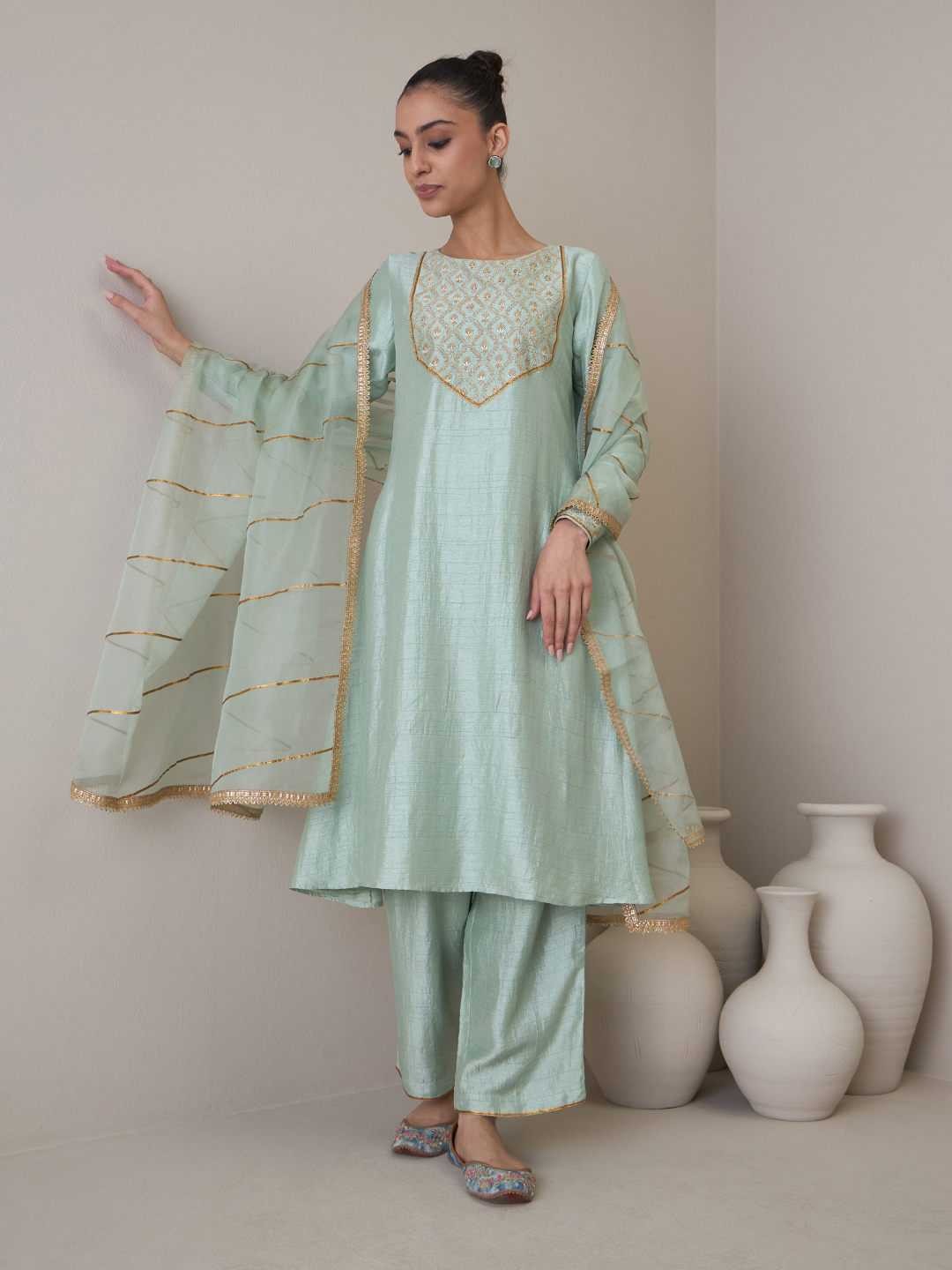 Blue Gota Embroidered A-line Kurta Set with dupatta at Kamakhyaa by RoohbyRidhimaa. This item is Avani by RoohbyRidhimaa, Blue, Festive Wear, Gotta Embroidery, Kurta Set with Dupattas, Regular Fit, Silk Organza, Toxin free, Viscose Raw Silk, Zari Embroidered