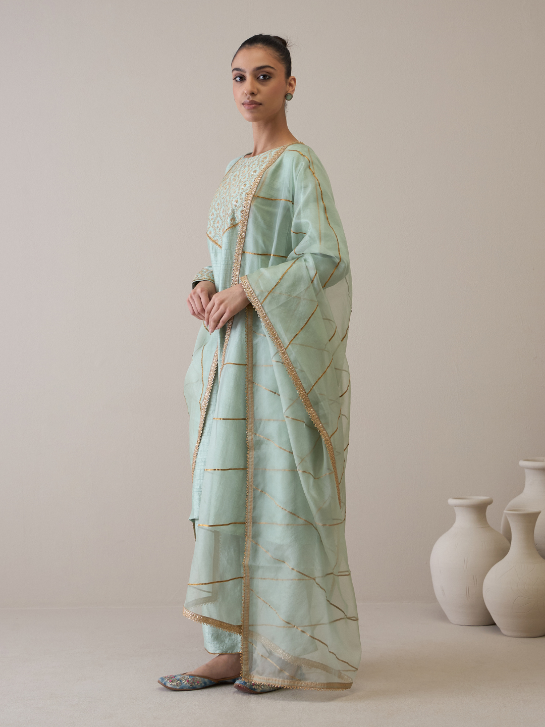 Blue Gota Embroidered A-line Kurta Set with dupatta at Kamakhyaa by RoohbyRidhimaa. This item is Avani by RoohbyRidhimaa, Blue, Festive Wear, Gotta Embroidery, Kurta Set with Dupattas, Regular Fit, Silk Organza, Toxin free, Viscose Raw Silk, Zari Embroidered