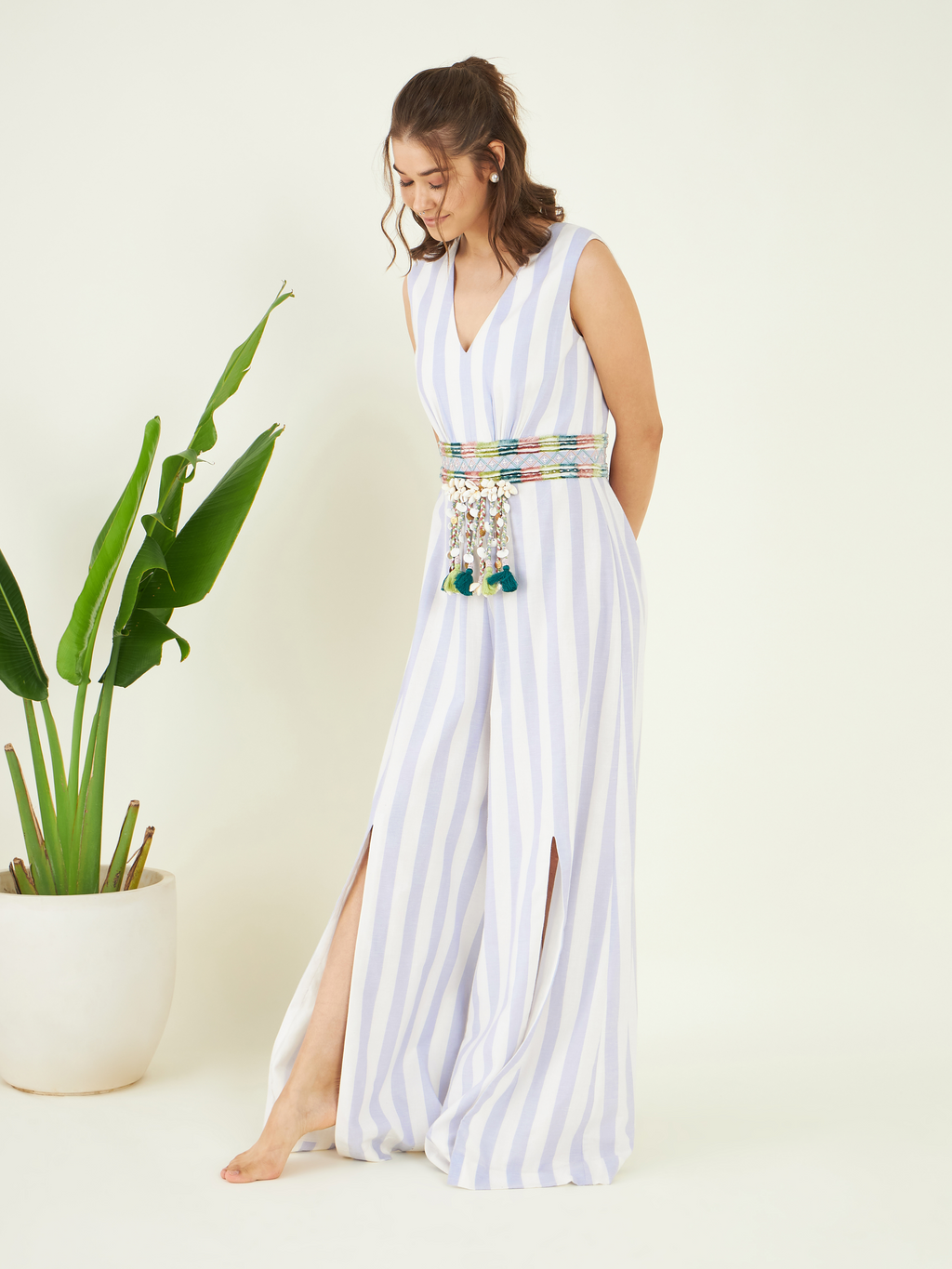 Blue Linen Striped Jumpsuit at Kamakhyaa by Bohobi. This item is 100% Linen, Blue, Cotton Mulmul, Evening Wear, Jumpsuits, Regular Fit, Stripes, Toxin free