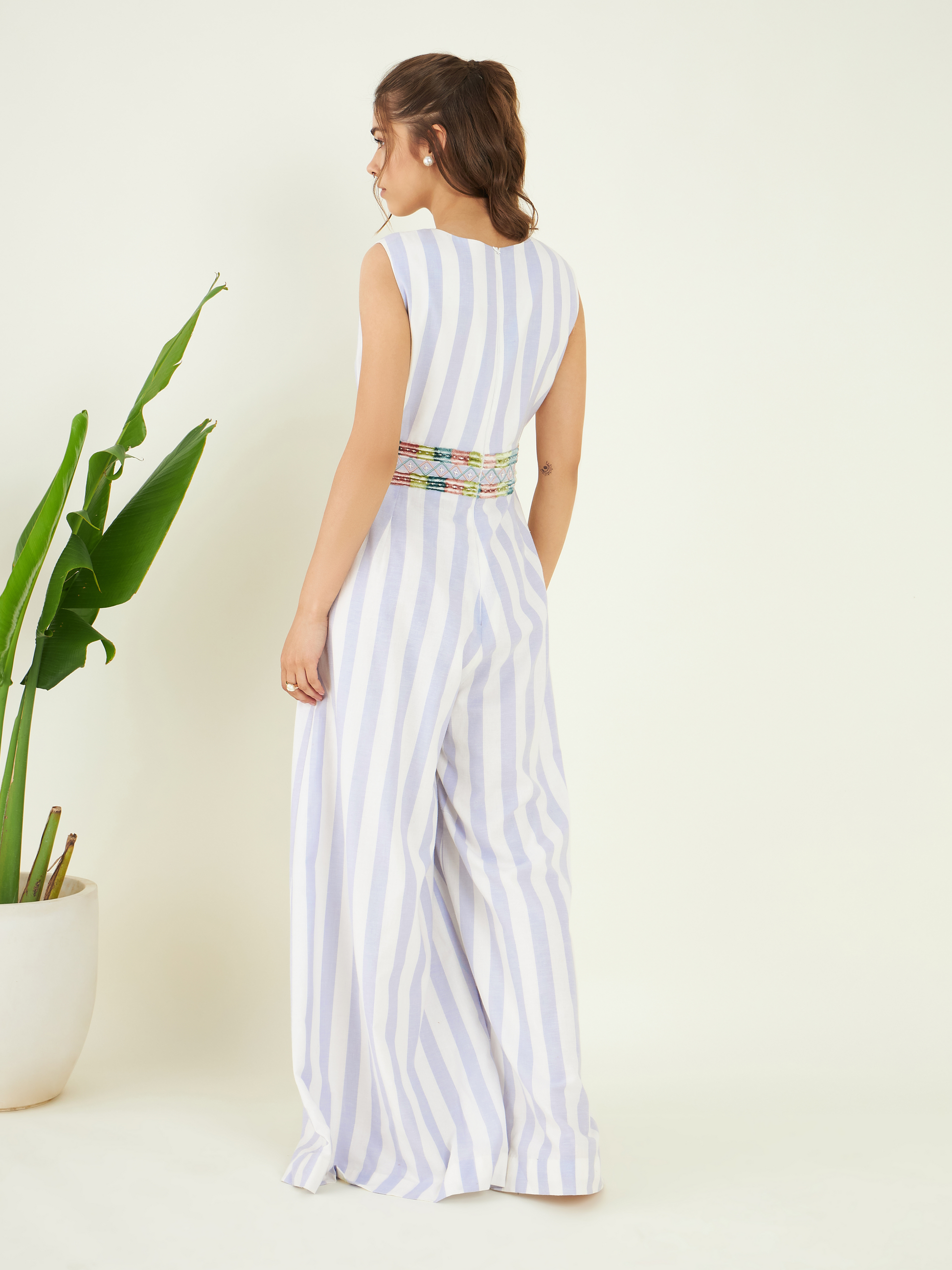 Blue Linen Striped Jumpsuit at Kamakhyaa by Bohobi. This item is 100% Linen, Blue, Cotton Mulmul, Evening Wear, Jumpsuits, Regular Fit, Stripes, Toxin free
