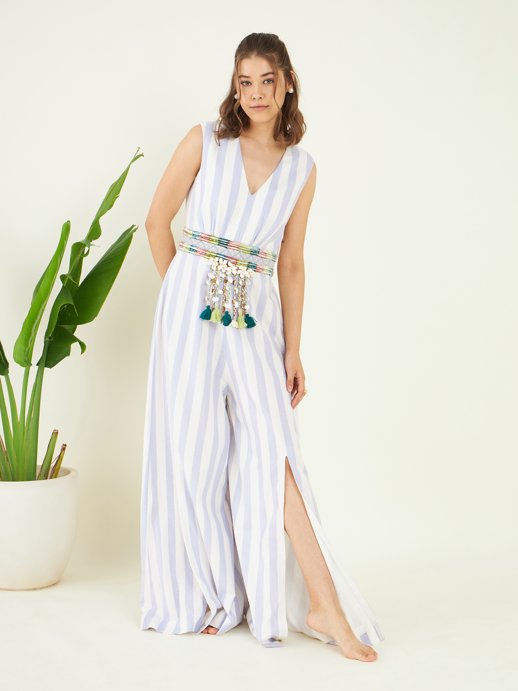 Blue Linen Striped Jumpsuit at Kamakhyaa by Bohobi. This item is 100% Linen, Blue, Cotton Mulmul, Evening Wear, Jumpsuits, Regular Fit, Stripes, Toxin free