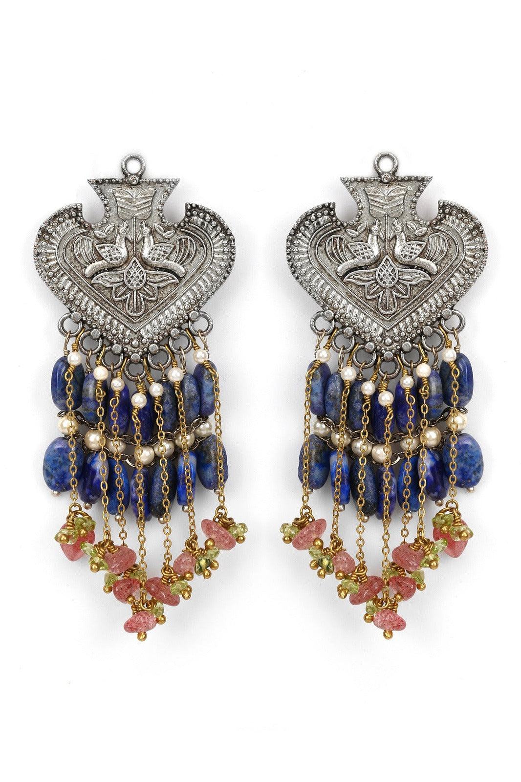 Blue Long Earring Sooryodaya Kaanphool at Kamakhyaa by House Of Heer. This item is Alloy Metal, Blue, Festive Jewellery, Festive Wear, Free Size, Gemstone, jewelry, July Sale, July Sale 2023, Long Earrings, Natural, Pearl, Solids