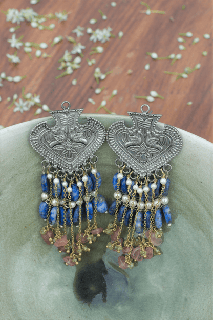 Blue Long Earring Sooryodaya Kaanphool at Kamakhyaa by House Of Heer. This item is Alloy Metal, Blue, Festive Jewellery, Festive Wear, Free Size, Gemstone, jewelry, July Sale, July Sale 2023, Long Earrings, Natural, Pearl, Solids