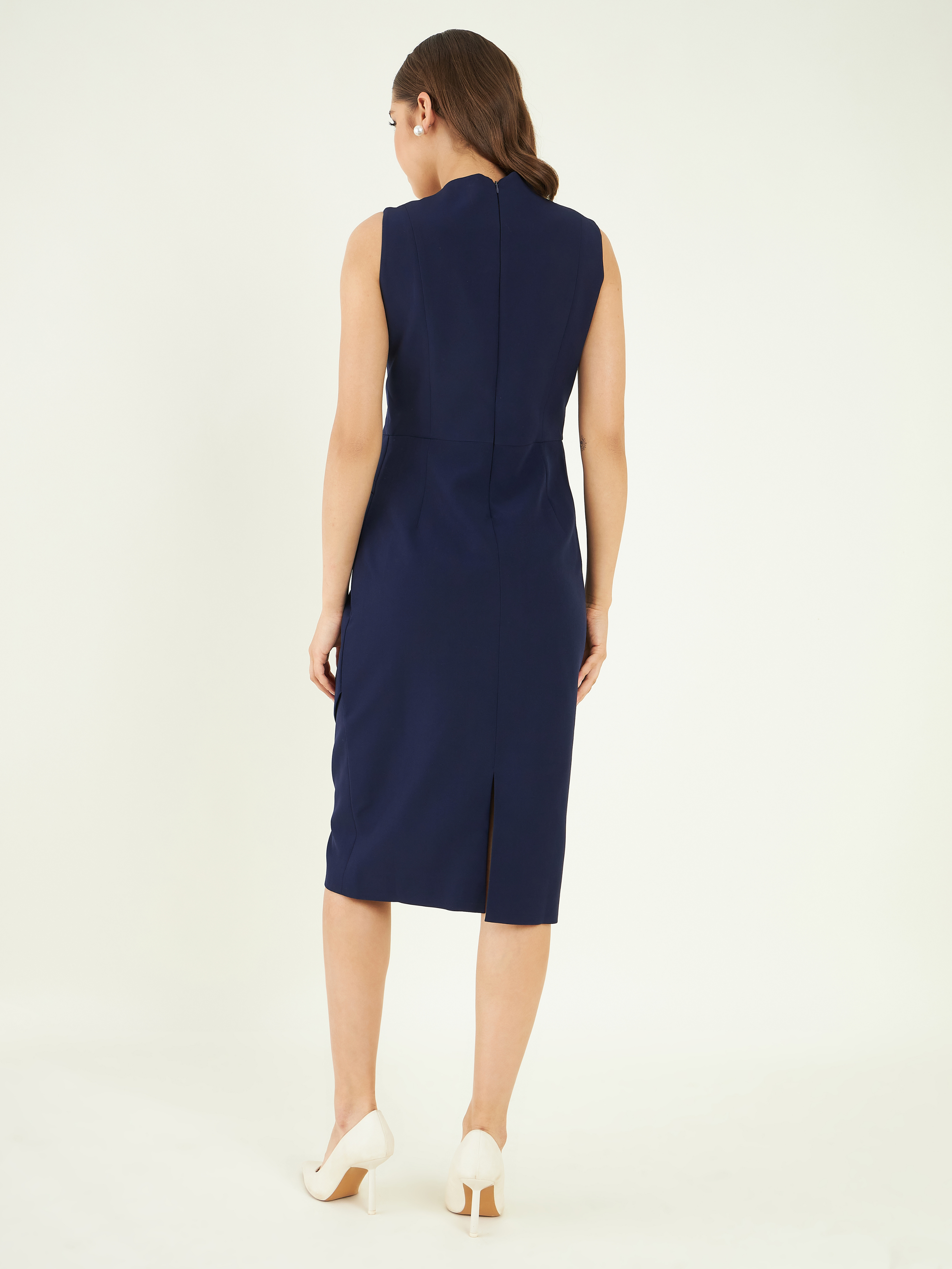 Blue Office Wear Crepe Dress at Kamakhyaa by Bohobi. This item is Blue, Fine Banana Crepe, Midi Dresses, Office Wear, Regular Fit, Solids, Toxin free