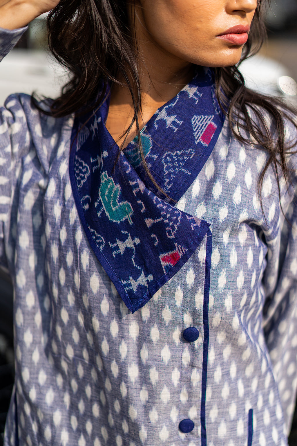 Blue Organic Cotton Ikat Printed Jacket at Kamakhyaa by Krushnachuda. This item is Blue, Handloom Cotton, Ikat Print, Jackets, Natural Dye, Organic, Regular Fit, Work Wear