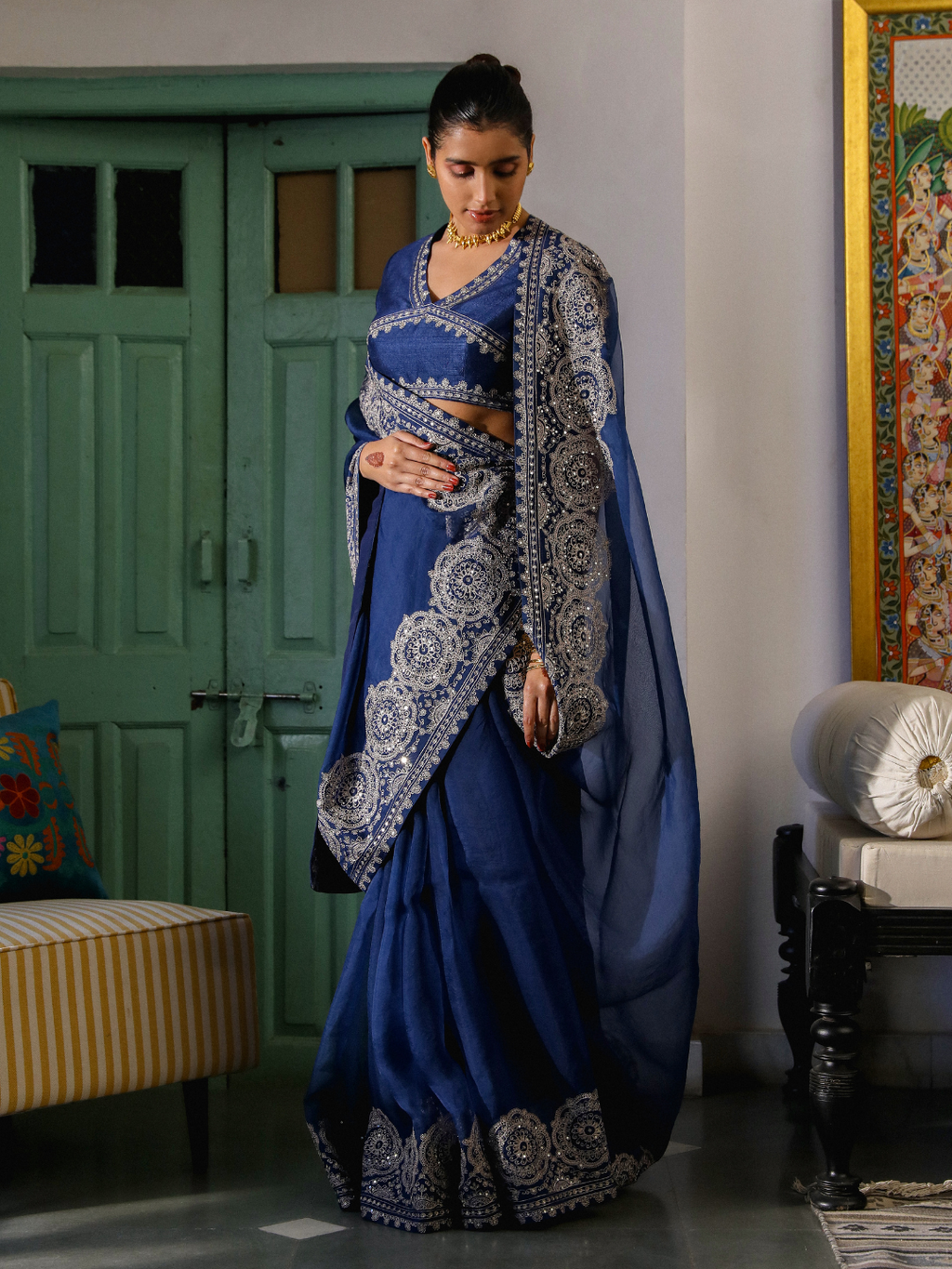 Blue Organza Saree Set with Zari Embroidery at Kamakhyaa by RoohbyRidhimaa. This item is Blue, Embroidered, Festive Wear, Free Size, Saree Sets, Toxin free, Zari Embroidered