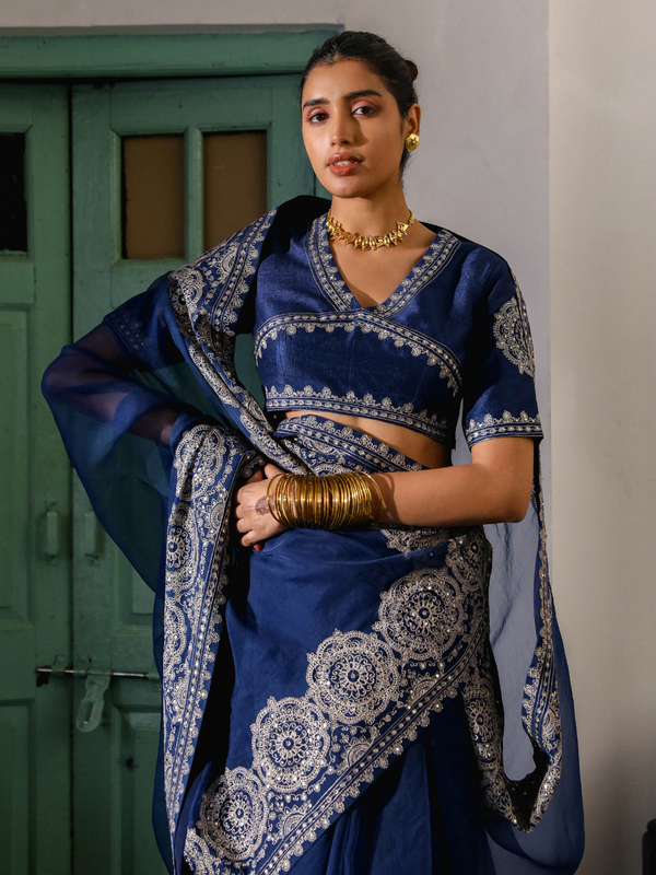 Morning Blue Blended Woven Zari Organza Silk Saree main image 1