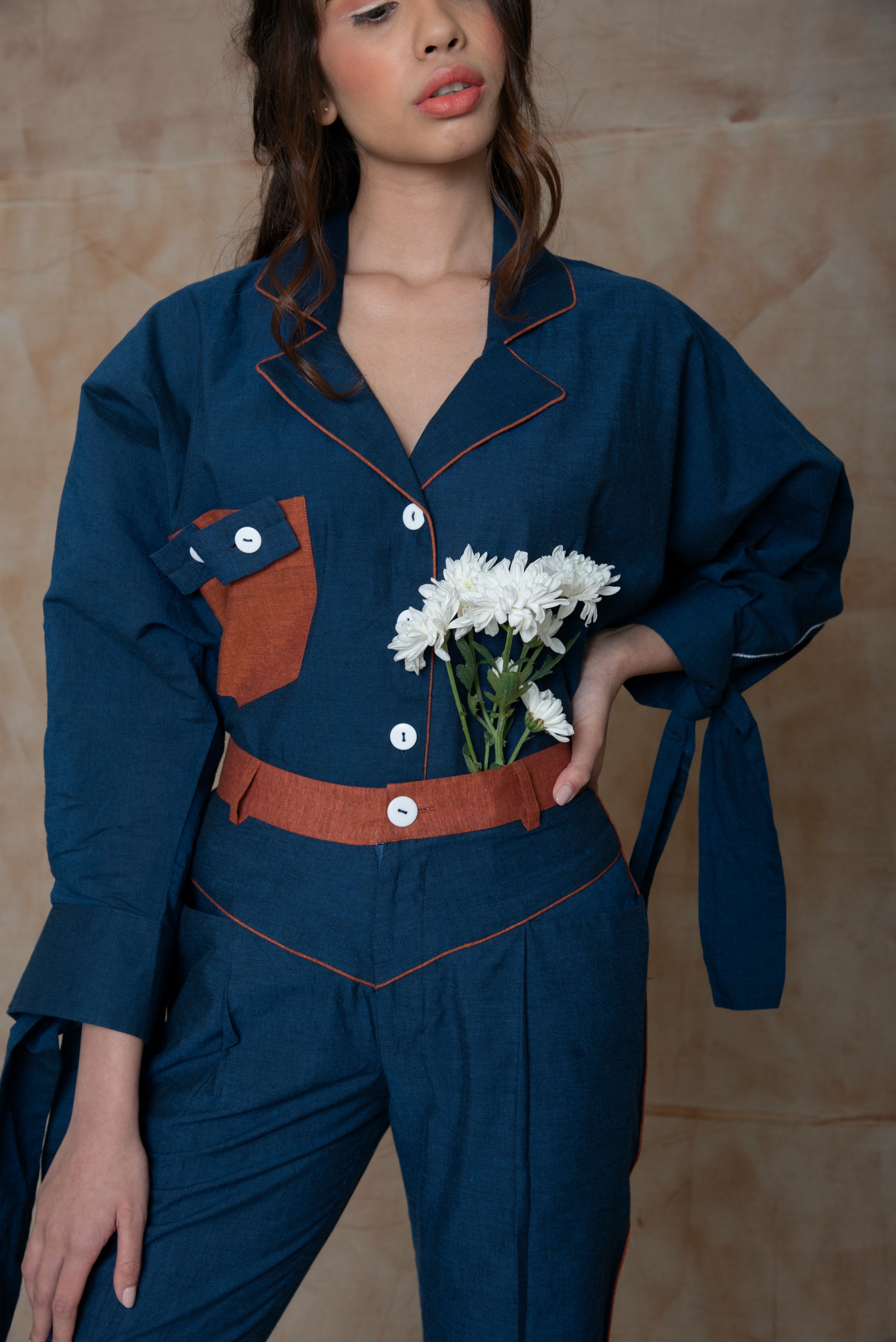 Blue Pants Yoke Pants at kamakhyaa.com by Anushé Pirani. This item is Anushe Pirani Sale, Blue, Embroidered, Handwoven Cotton, July Sale, July Sale 2023, Natural, Ocean of Stories, Ocean of Stories by Anushe Pirani, Office Wear, Pants, Regular Fit, Womenswear