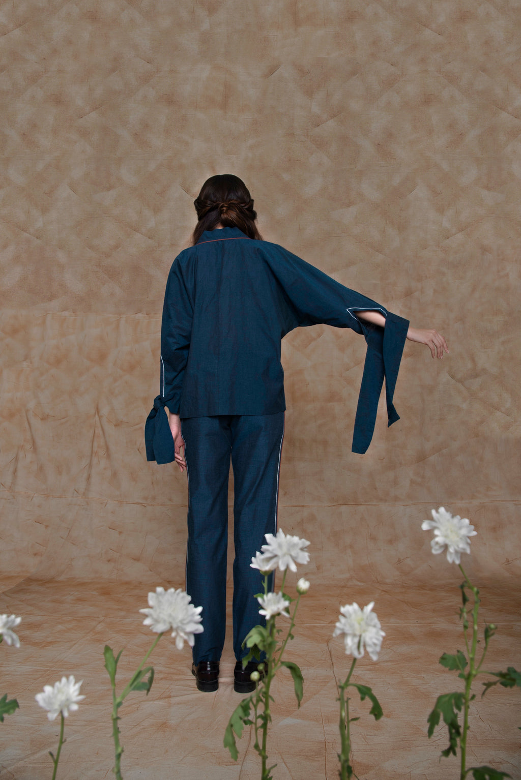 Blue Pants Yoke Pants at kamakhyaa.com by Anushé Pirani. This item is Anushe Pirani Sale, Blue, Embroidered, Handwoven Cotton, July Sale, July Sale 2023, Natural, Ocean of Stories, Ocean of Stories by Anushe Pirani, Office Wear, Pants, Regular Fit, Womenswear