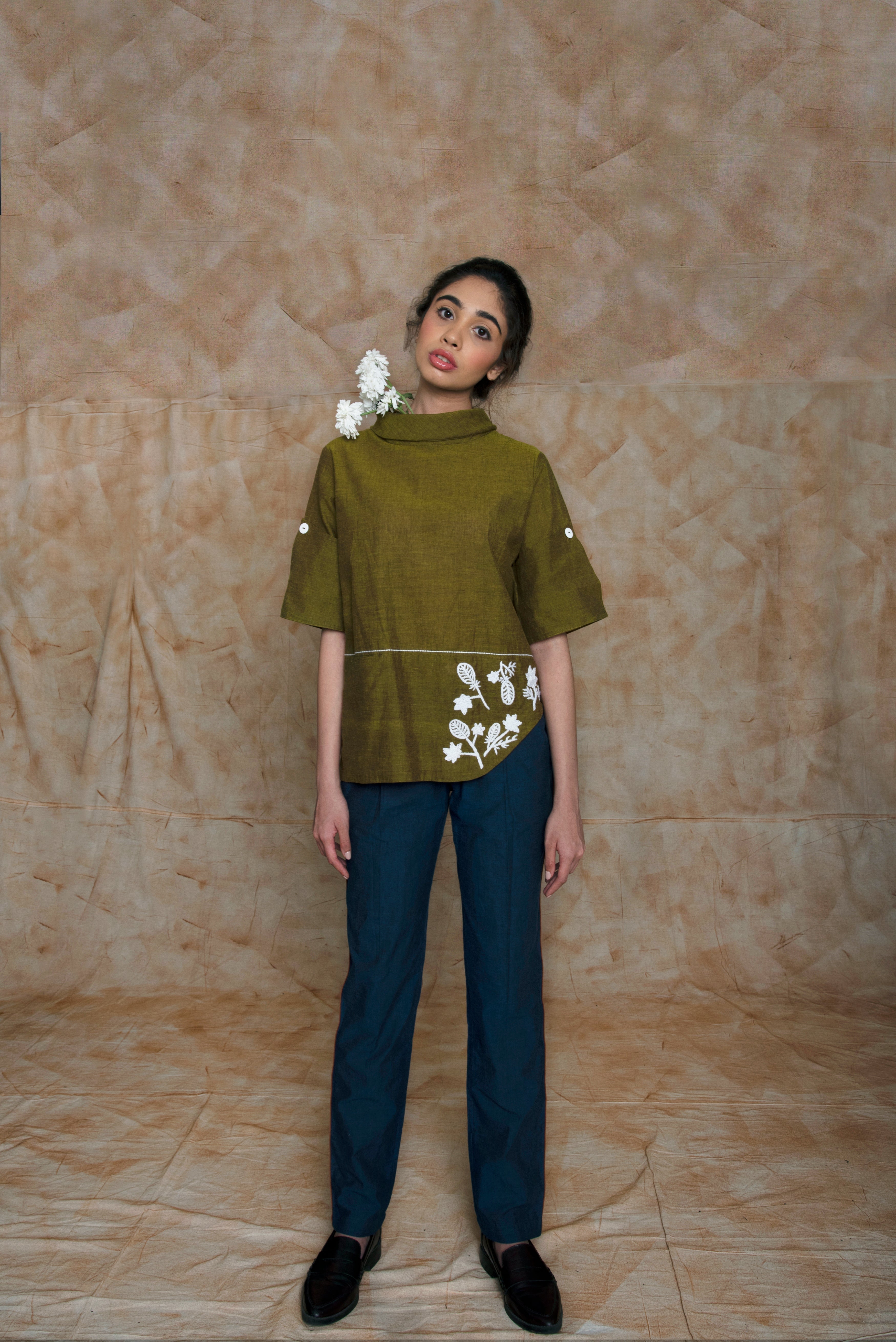 Blue Pants Yoke Pants at kamakhyaa.com by Anushé Pirani. This item is Anushe Pirani Sale, Blue, Embroidered, Handwoven Cotton, July Sale, July Sale 2023, Natural, Ocean of Stories, Ocean of Stories by Anushe Pirani, Office Wear, Pants, Regular Fit, Womenswear