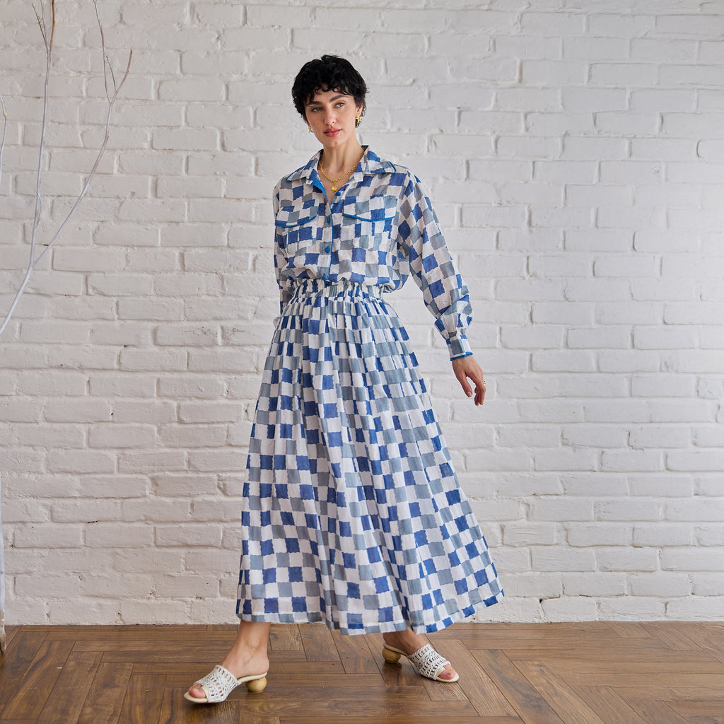 Blue Pixel Co-ord at Kamakhyaa by Taro. This item is Artisan made, Blue, Cotton Mulmul, Top Skirt Sets, Under $50, Whispers of Summer by Taro