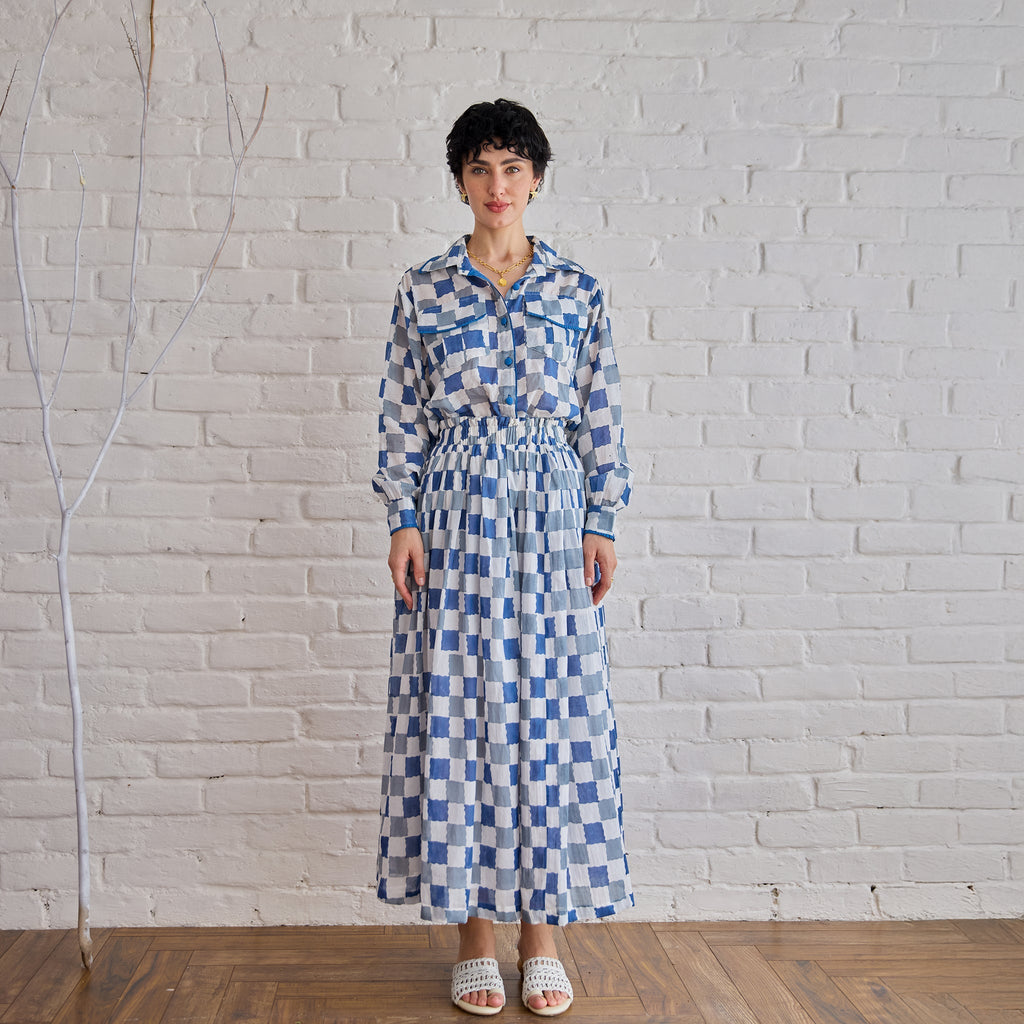 Blue Pixel Co-ord at Kamakhyaa by Taro. This item is Artisan made, Blue, Cotton Mulmul, Top Skirt Sets, Under $50, Whispers of Summer by Taro