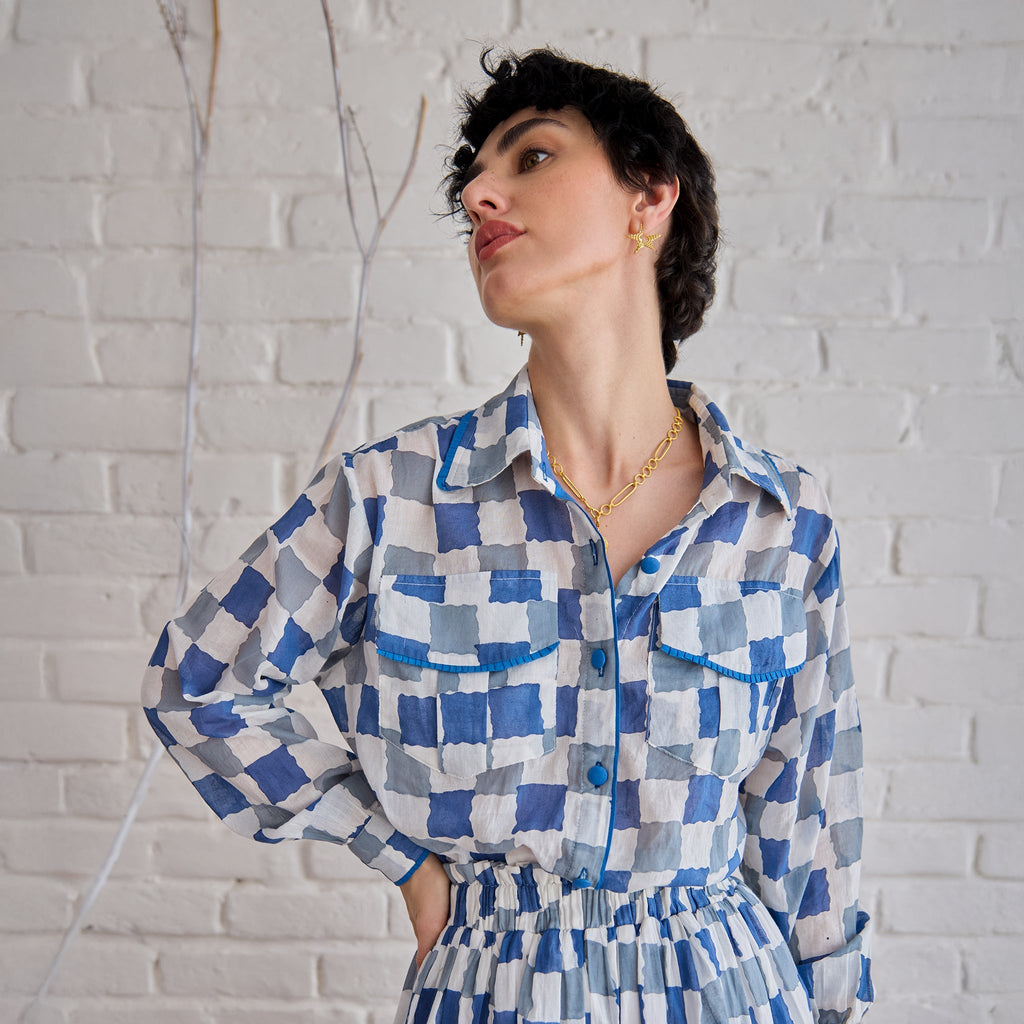 Blue Pixel Shirt at Kamakhyaa by Taro. This item is Artisan made, Blue, Cotton Mulmul, Shirts, Under $150, Whispers of Summer by Taro