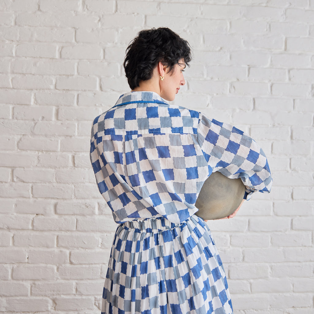 Blue Pixel Shirt at Kamakhyaa by Taro. This item is Artisan made, Blue, Cotton Mulmul, Shirts, Under $150, Whispers of Summer by Taro