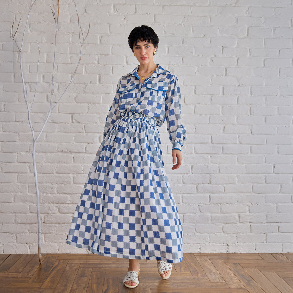 Blue Pixel Shirt at Kamakhyaa by Taro. This item is Artisan made, Blue, Cotton Mulmul, Shirts, Under $150, Whispers of Summer by Taro