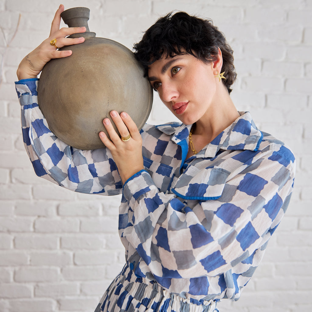 Blue Pixel Shirt at Kamakhyaa by Taro. This item is Artisan made, Blue, Cotton Mulmul, Shirts, Under $150, Whispers of Summer by Taro