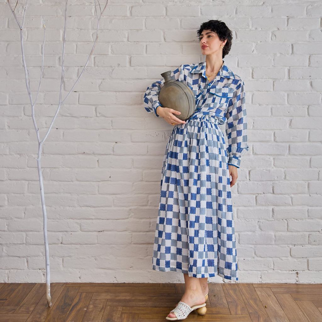 Blue Pixel Skirt at Kamakhyaa by Taro. This item is Artisan made, Blue, Cotton Mulmul, Skirts, Under $150, Whispers of Summer by Taro