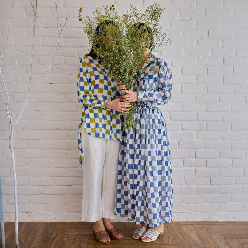 Blue Pixel Skirt at Kamakhyaa by Taro. This item is Artisan made, Blue, Cotton Mulmul, Skirts, Under $150, Whispers of Summer by Taro