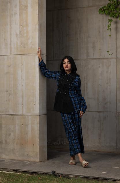 Blue Plaided Office Wear Co-ord Set at Kamakhyaa by Araayeh. This item is Artisan Made, Blue, Checks, Handwoven Cotton, Office wear, Office Wear Co-ords, Regular Fit