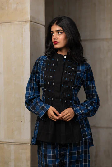 Blue Plaided Office Wear Co-ord Set at Kamakhyaa by Araayeh. This item is Artisan Made, Blue, Checks, Handwoven Cotton, Office wear, Office Wear Co-ords, Regular Fit