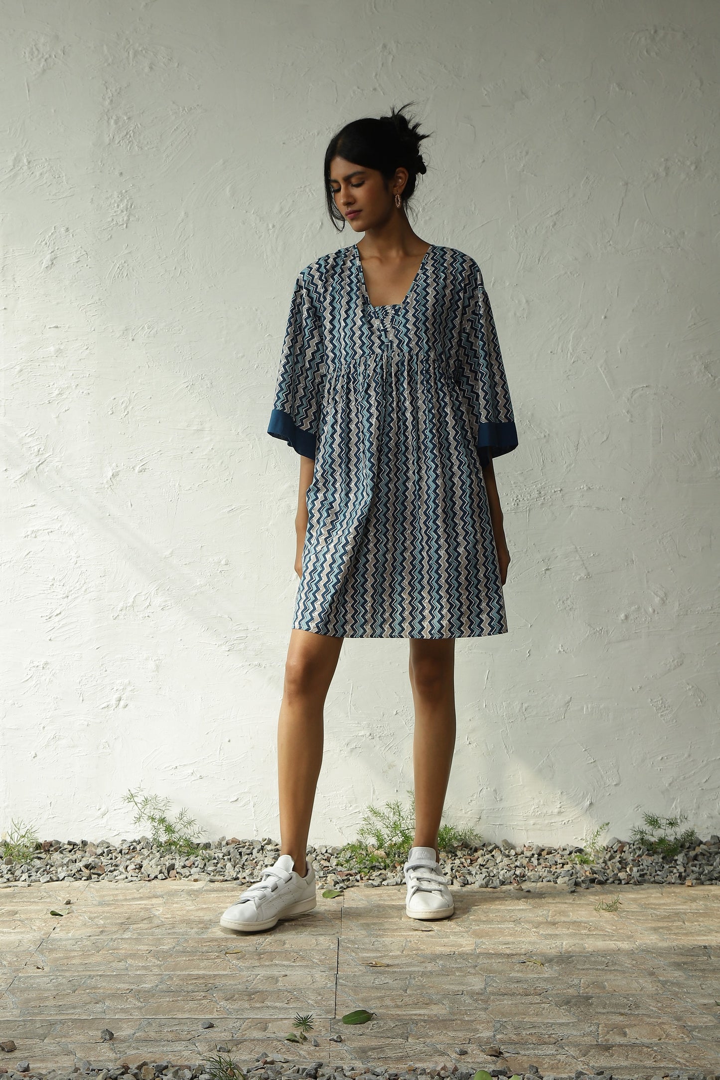 Blue Printed Cotton Oversized Dress at Kamakhyaa by Canoopi. This item is Blue, Canoopi, Casual Wear, Cotton, Dresses, Mini Dresses, Natural, Prints, Regular Fit, Womenswear