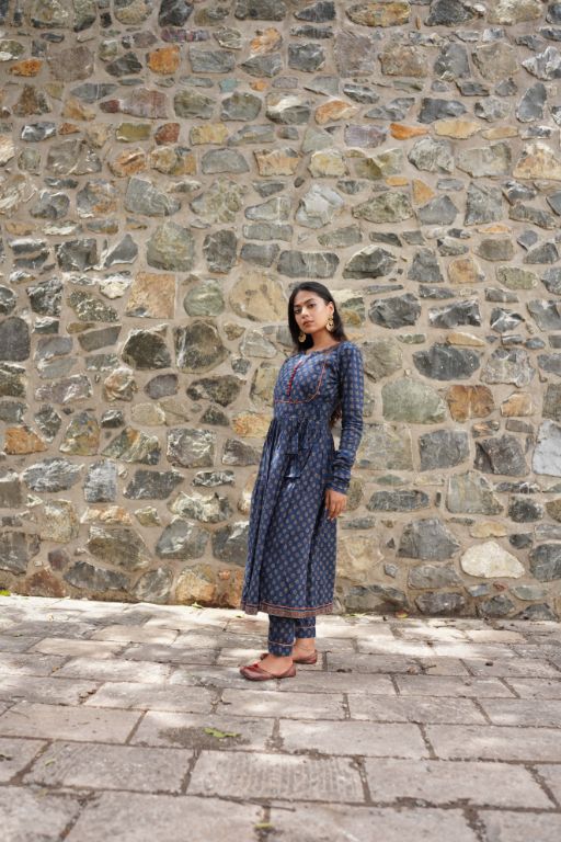 Blue Printed Kurta Set at Kamakhyaa by Hasttvam. This item is Blue, Cotton, Festive Wear, Floral, Handmade by Artisans, Natural dyes, Relaxed Fit, Respondible production and Vegan