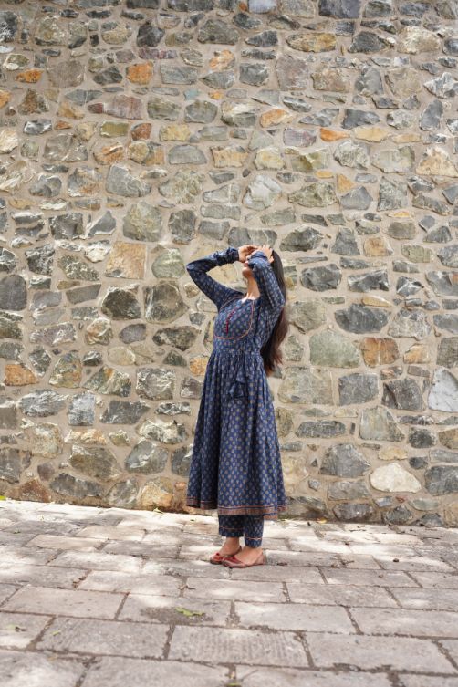 Blue Printed Kurta Set at Kamakhyaa by Hasttvam. This item is Blue, Cotton, Festive Wear, Floral, Handmade by Artisans, Natural dyes, Relaxed Fit, Respondible production and Vegan