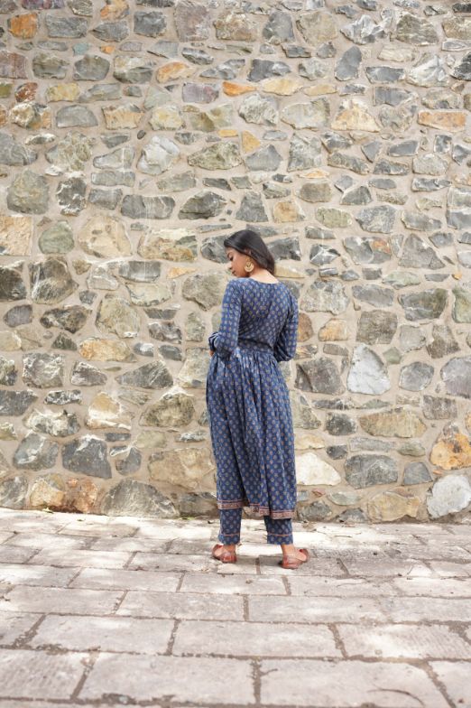 Blue Printed Kurta Set at Kamakhyaa by Hasttvam. This item is Blue, Cotton, Festive Wear, Floral, Handmade by Artisans, Natural dyes, Relaxed Fit, Respondible production and Vegan