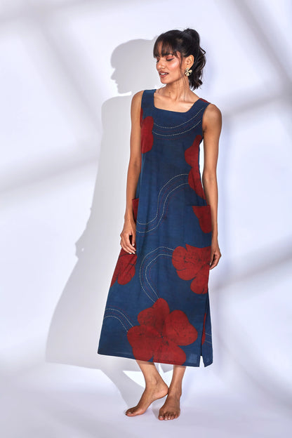 Blue Printed Midi Dress with side slit at Kamakhyaa by Hasttvam. This item is Cotton, Floral, Fusion Wear, Indigo, Natural dyes, Relaxed Fit, Respondible production and Vegan