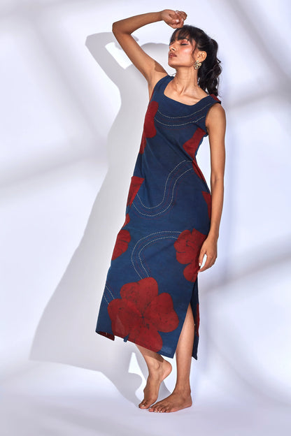 Blue Printed Midi Dress with side slit at Kamakhyaa by Hasttvam. This item is Cotton, Floral, Fusion Wear, Indigo, Natural dyes, Relaxed Fit, Respondible production and Vegan