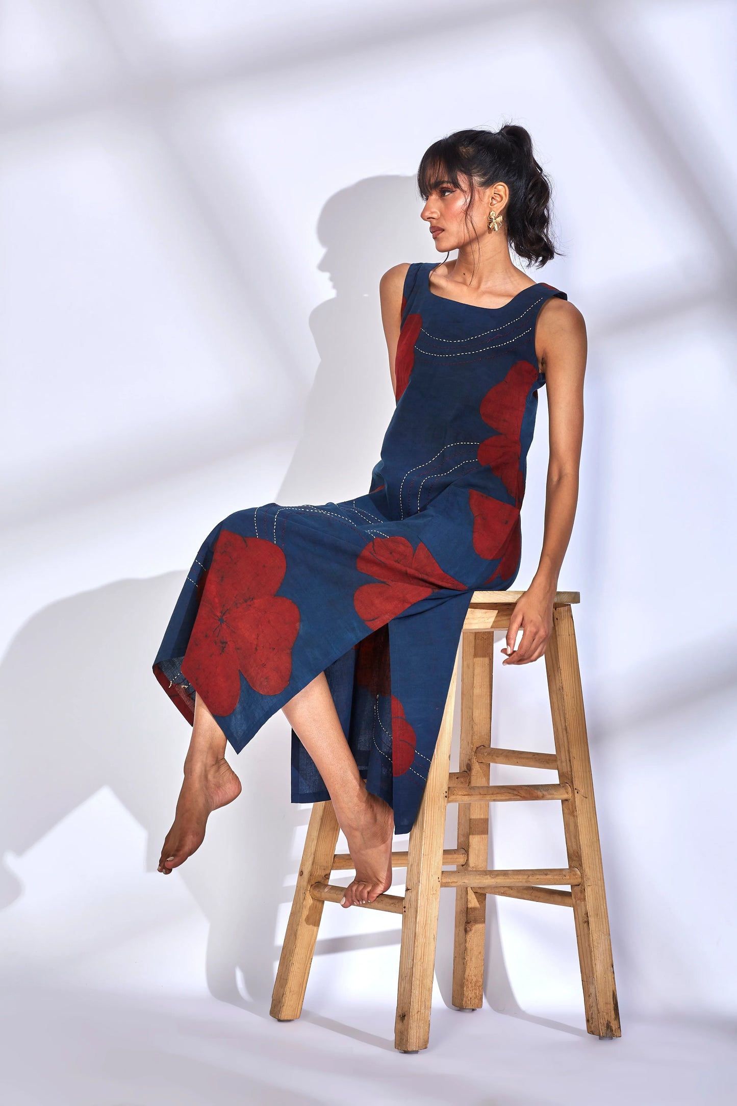 Blue Printed Midi Dress with side slit at Kamakhyaa by Hasttvam. This item is Cotton, Floral, Fusion Wear, Indigo, Natural dyes, Relaxed Fit, Respondible production and Vegan