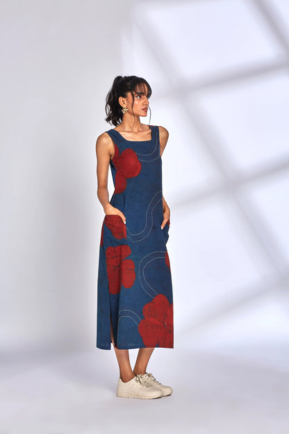 Blue Printed Midi Dress with side slit at Kamakhyaa by Hasttvam. This item is Cotton, Floral, Fusion Wear, Indigo, Natural dyes, Relaxed Fit, Respondible production and Vegan