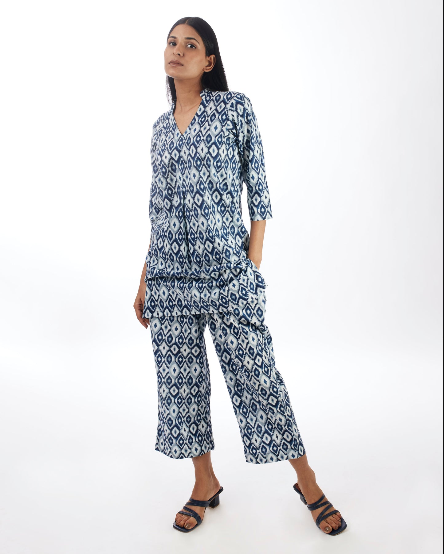 Blue Printed Top With White Pant Co-ord Set at Kamakhyaa by Kamakhyaa. This item is 100% pure cotton, Blue, Casual Wear, Co-ord Sets, KKYSS, Natural, Office, Office Wear Co-ords, Prints, Relaxed Fit, Summer Sutra, Womenswear