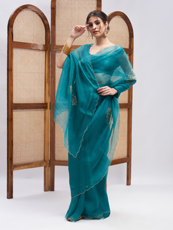 Blue Pure Silk Saree Set at Kamakhyaa by RoohbyRidhimaa. This item is Blue, Embroidered, Festive Wear, Free Size, Resham Embroidered, Saree Sets, Toxin free