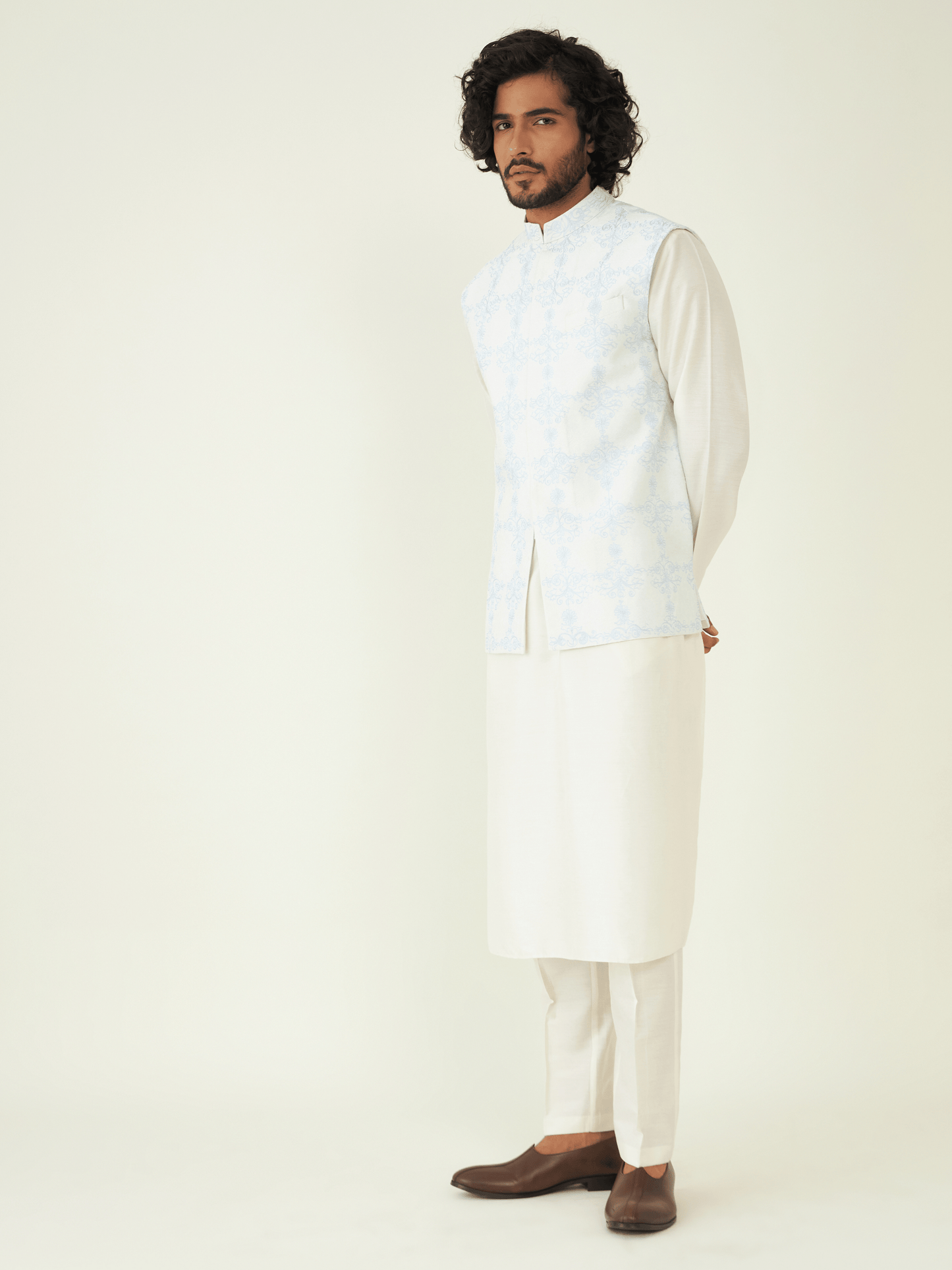 Blue Regular Fit Embroidered Jacket at Kamakhyaa by RoohbyRidhimaa. This item is Blue, Festive Wear, Jackets, Men Jackets, Menswear By RoohbyRidhimaa, Qala By RoohbyRidhimaa, Regular Fit, Resham Embroidered, Silk Jacquard