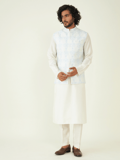 Blue Regular Fit Embroidered Jacket at Kamakhyaa by RoohbyRidhimaa. This item is Blue, Festive Wear, Jackets, Men Jackets, Menswear By RoohbyRidhimaa, Qala By RoohbyRidhimaa, Regular Fit, Resham Embroidered, Silk Jacquard