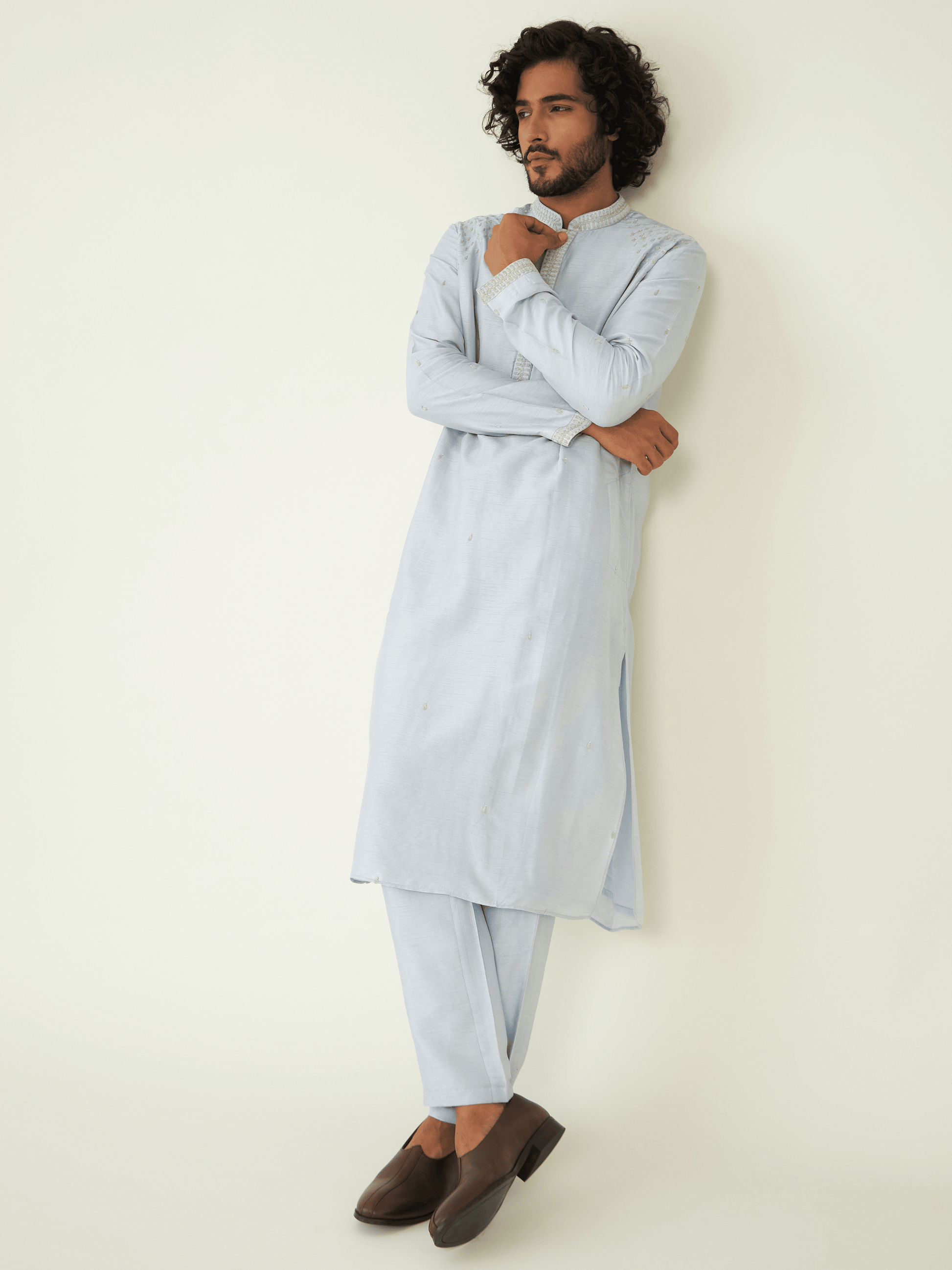 Blue Regular Fit Kurta Set at Kamakhyaa by RoohbyRidhimaa. This item is Blue, Festive Wear, Kurta Pant Sets, Men Kurta Pant Sets, Menswear By RoohbyRidhimaa, Qala By RoohbyRidhimaa, Regular Fit, Solids, Viscose Raw Silk