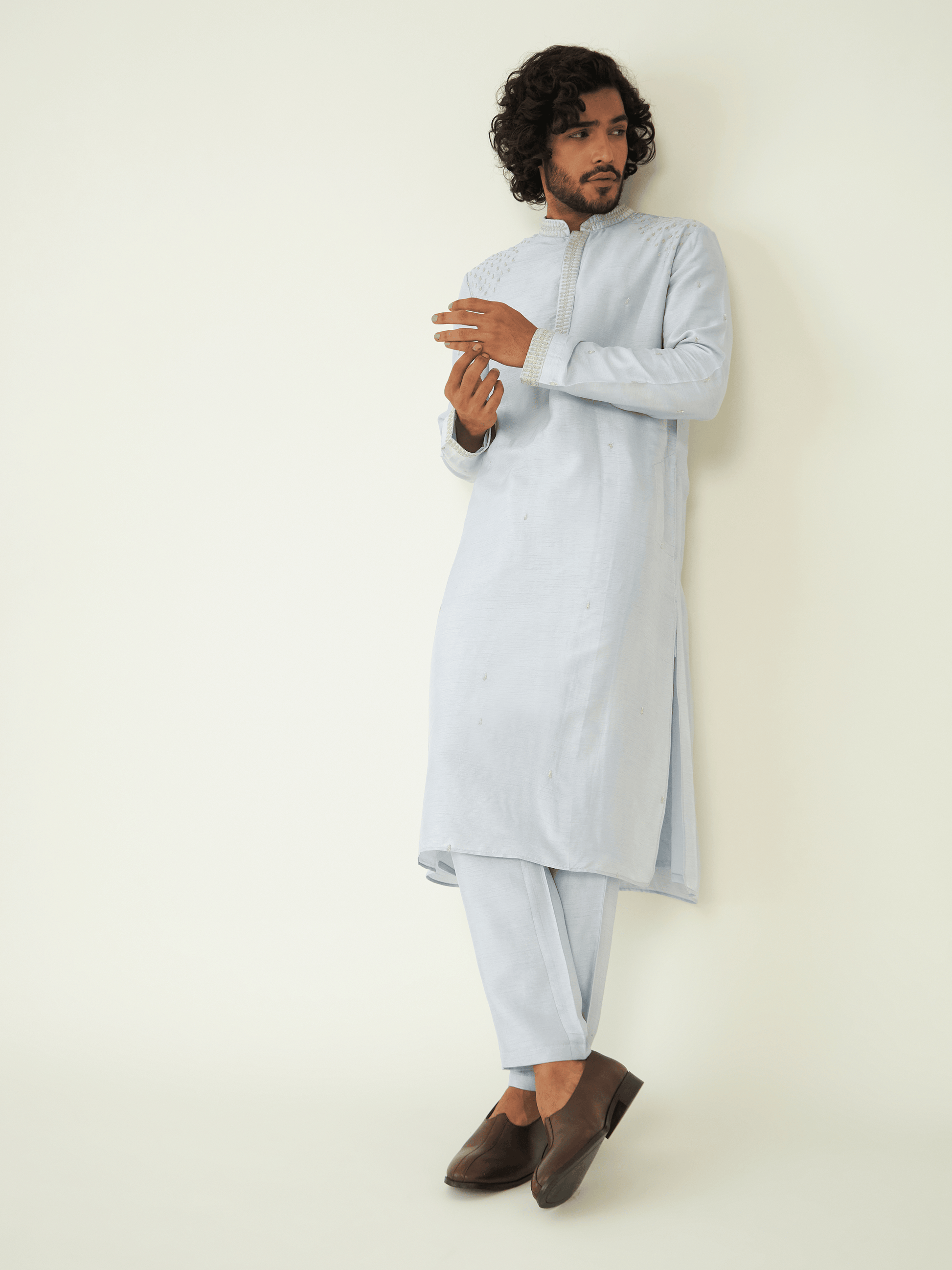 Blue Regular Fit Kurta Set at Kamakhyaa by RoohbyRidhimaa. This item is Blue, Festive Wear, Kurta Pant Sets, Men Kurta Pant Sets, Menswear By RoohbyRidhimaa, Qala By RoohbyRidhimaa, Regular Fit, Solids, Viscose Raw Silk