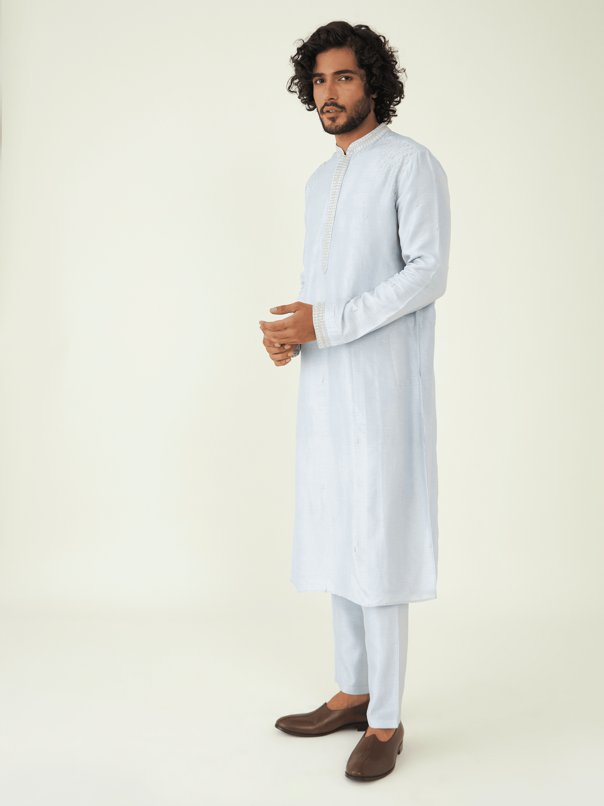 Blue Regular Fit Kurta Set at Kamakhyaa by RoohbyRidhimaa. This item is Blue, Festive Wear, Kurta Pant Sets, Men Kurta Pant Sets, Menswear By RoohbyRidhimaa, Qala By RoohbyRidhimaa, Regular Fit, Solids, Viscose Raw Silk