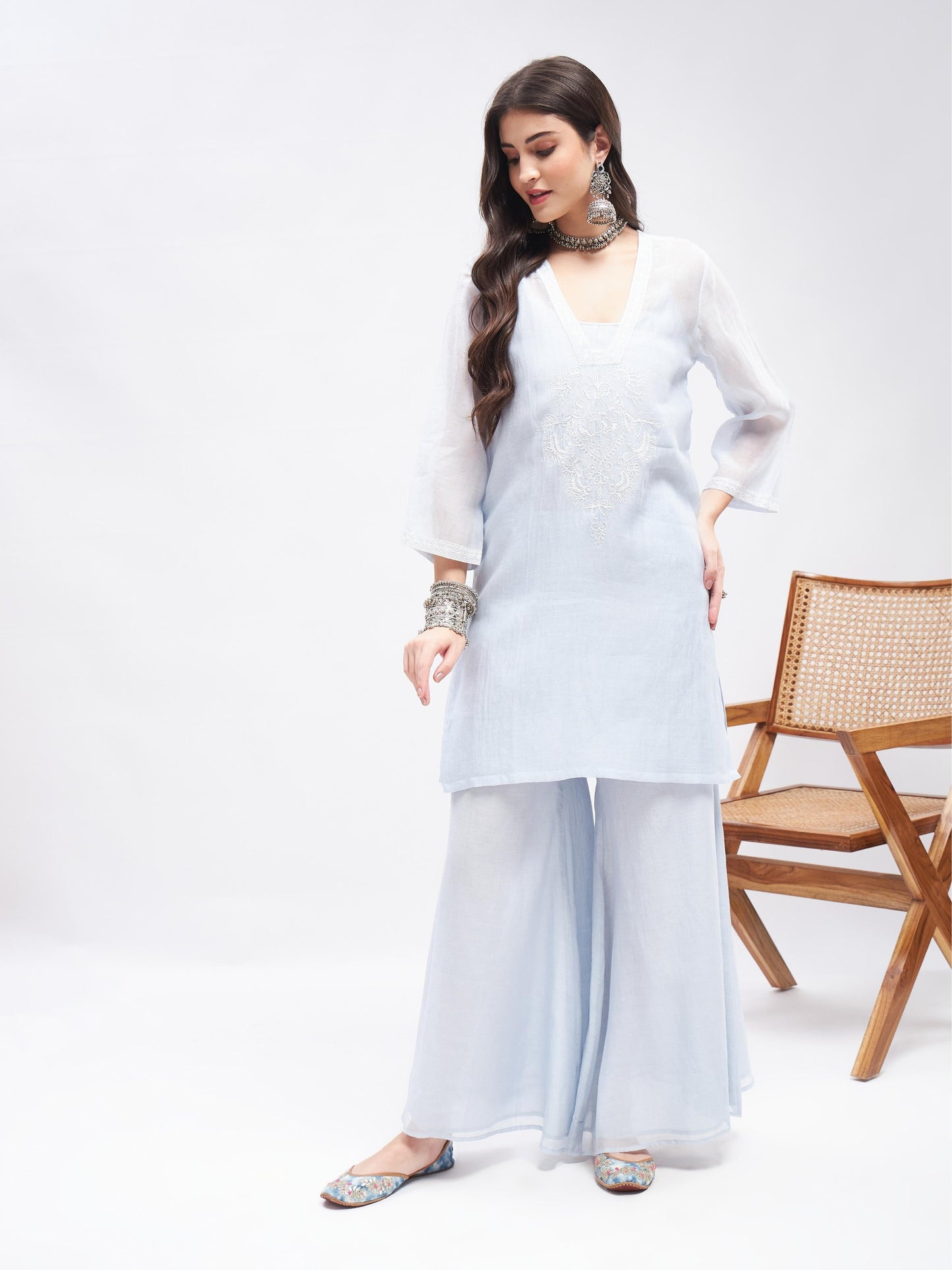 Blue Resham Embroidered Chanderi Silk Kurta Set at Kamakhyaa by RoohbyRidhimaa. This item is Blue, Casual Wear, Cotton, Embroidered, Kurta Sets, Pure Silk Chanderi, Regular Fit, Resham, Resham Embroidered, Shrugs, Toxin free