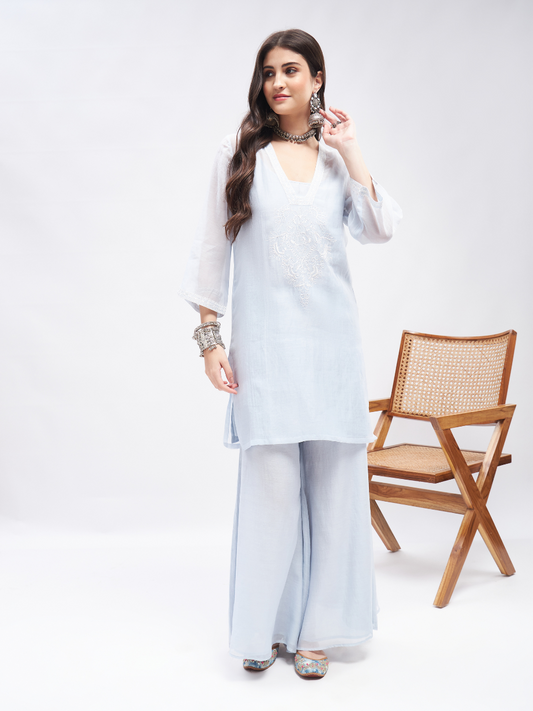 Blue Resham Embroidered Chanderi Silk Kurta Set at Kamakhyaa by RoohbyRidhimaa. This item is Blue, Casual Wear, Cotton, Embroidered, Kurta Sets, Pure Silk Chanderi, Regular Fit, Resham, Resham Embroidered, Shrugs, Toxin free