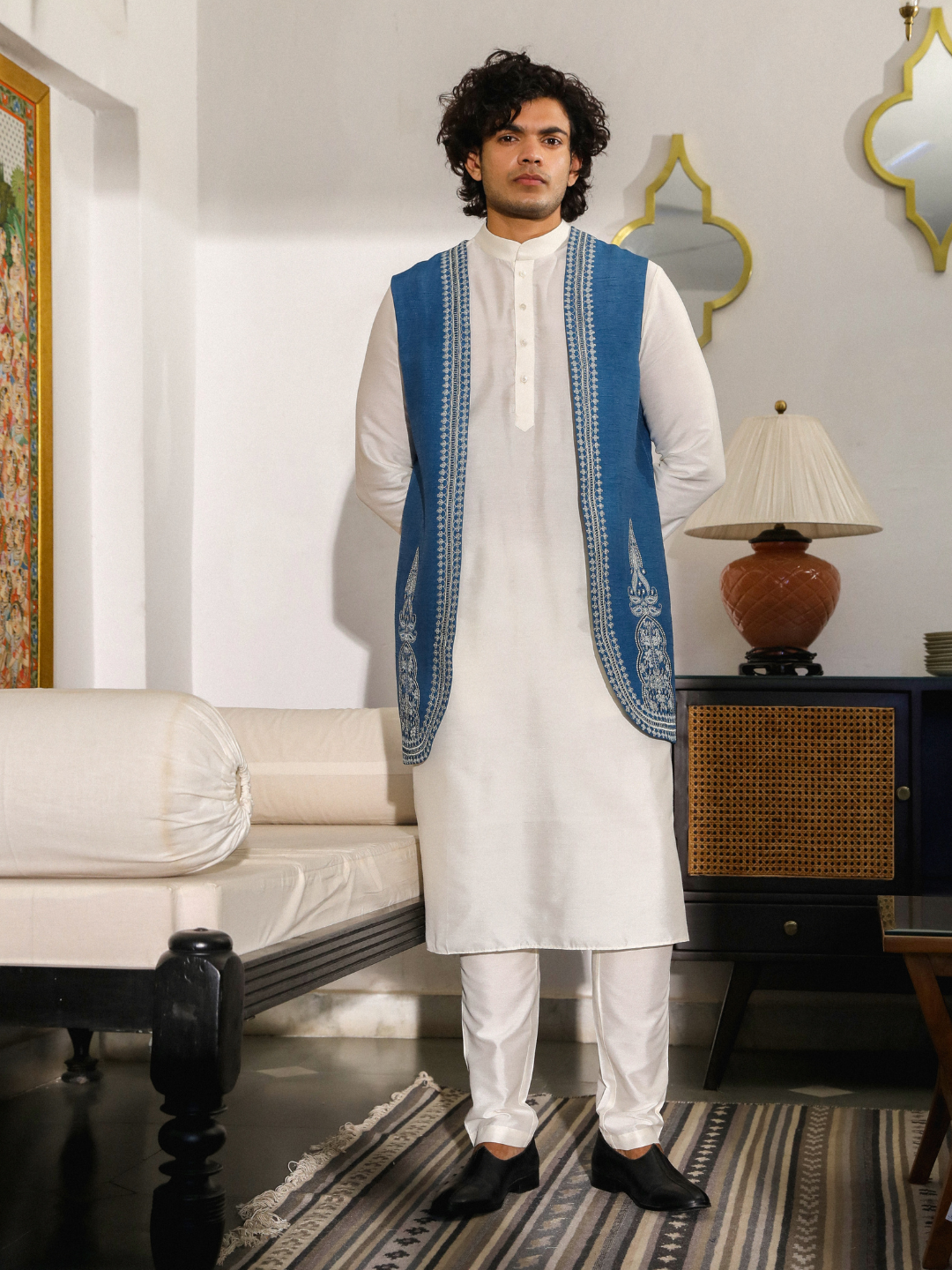 Blue Resham Embroidered Jacket at Kamakhyaa by RoohbyRidhimaa. This item is Aangan By RoohbyRidhimaa, Blue, Diwali Wear, Eid Special, Eid Wear, Festive Wear, Indian Wear, Jackets, Men Jackets, Men Overlays, Menswear, Menswear By RoohbyRidhimaa, missing, Regular Fit, Resham Embroidered, Sangeet Function, Traditional Wear, Viscose, Viscose Raw Silk, Wedding Wear, Winter Products, Zari Embroidery