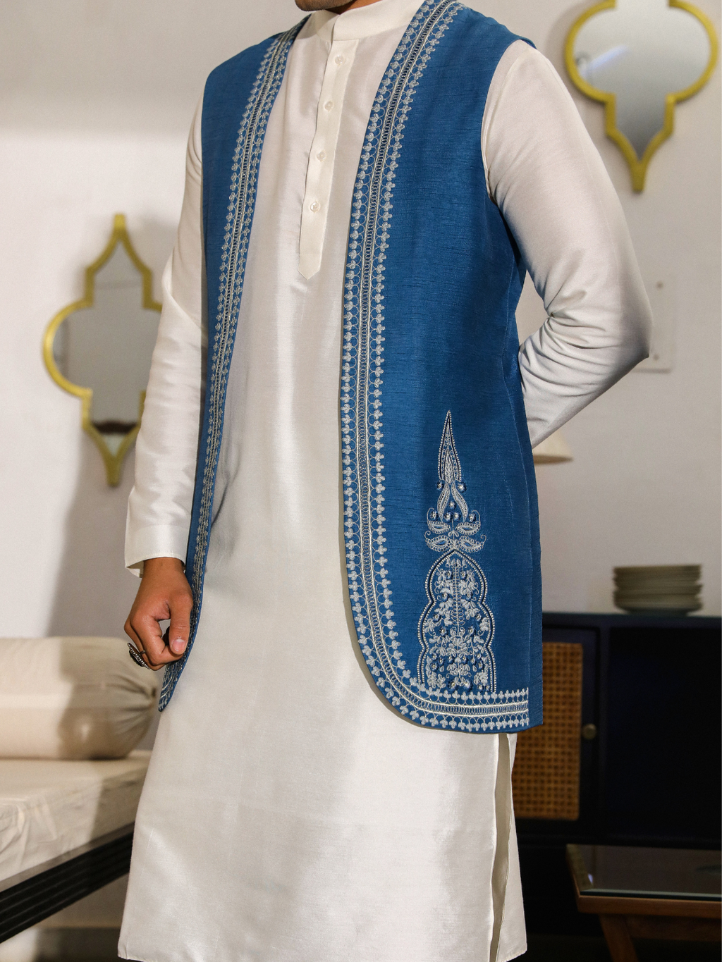 Blue Resham Embroidered Jacket at Kamakhyaa by RoohbyRidhimaa. This item is Aangan By RoohbyRidhimaa, Blue, Diwali Wear, Eid Special, Eid Wear, Festive Wear, Indian Wear, Jackets, Men Jackets, Men Overlays, Menswear, Menswear By RoohbyRidhimaa, missing, Regular Fit, Resham Embroidered, Sangeet Function, Traditional Wear, Viscose, Viscose Raw Silk, Wedding Wear, Winter Products, Zari Embroidery