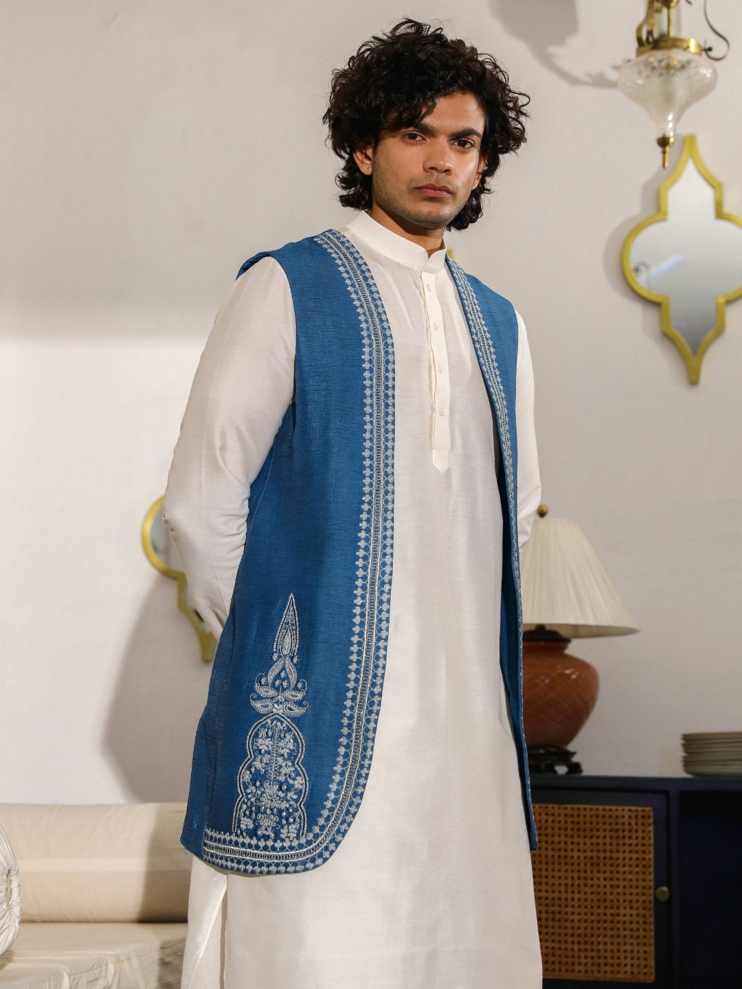 Blue Resham Embroidered Jacket at Kamakhyaa by RoohbyRidhimaa. This item is Aangan By RoohbyRidhimaa, Blue, Diwali Wear, Eid Special, Eid Wear, Festive Wear, Indian Wear, Jackets, Men Jackets, Men Overlays, Menswear, Menswear By RoohbyRidhimaa, missing, Regular Fit, Resham Embroidered, Sangeet Function, Traditional Wear, Viscose, Viscose Raw Silk, Wedding Wear, Winter Products, Zari Embroidery