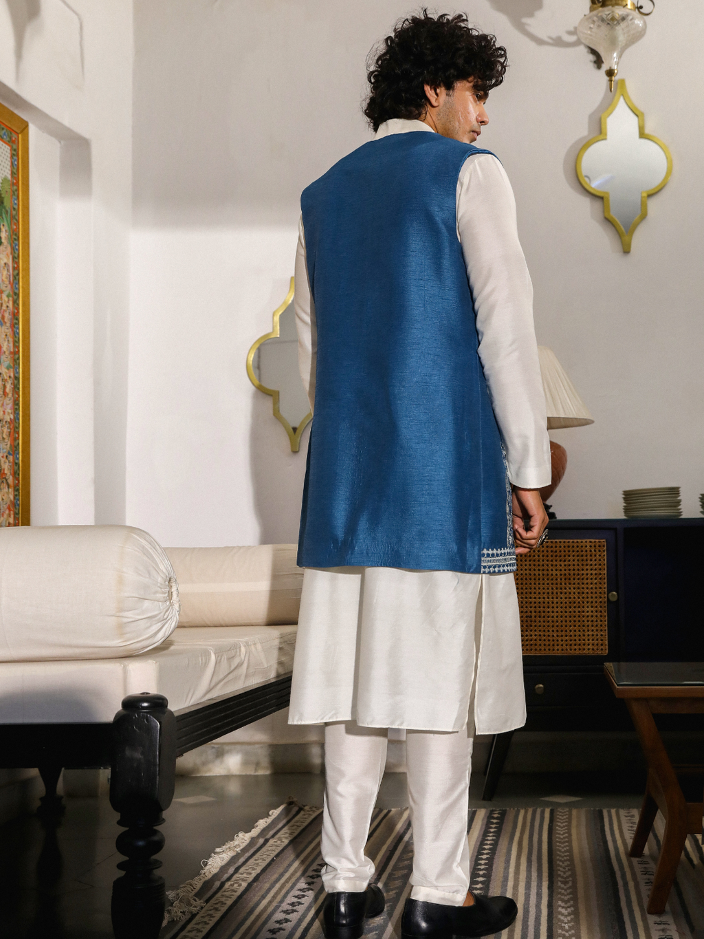 Blue Resham Embroidered Jacket at Kamakhyaa by RoohbyRidhimaa. This item is Aangan By RoohbyRidhimaa, Blue, Diwali Wear, Eid Special, Eid Wear, Festive Wear, Indian Wear, Jackets, Men Jackets, Men Overlays, Menswear, Menswear By RoohbyRidhimaa, missing, Regular Fit, Resham Embroidered, Sangeet Function, Traditional Wear, Viscose, Viscose Raw Silk, Wedding Wear, Winter Products, Zari Embroidery