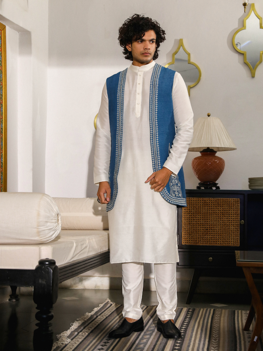 Blue Resham Embroidered Jacket at Kamakhyaa by RoohbyRidhimaa. This item is Aangan By RoohbyRidhimaa, Blue, Diwali Wear, Eid Special, Eid Wear, Festive Wear, Indian Wear, Jackets, Men Jackets, Men Overlays, Menswear, Menswear By RoohbyRidhimaa, missing, Regular Fit, Resham Embroidered, Sangeet Function, Traditional Wear, Viscose, Viscose Raw Silk, Wedding Wear, Winter Products, Zari Embroidery